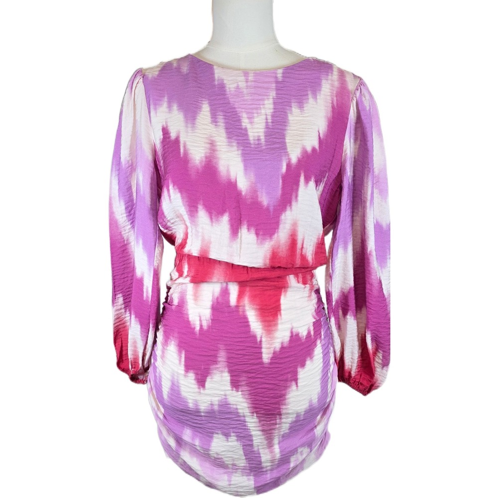 Maje Size 36 (S) Pink Purple Ikat Tie Dye Ruched Mini Dress w/Puff Sleeve